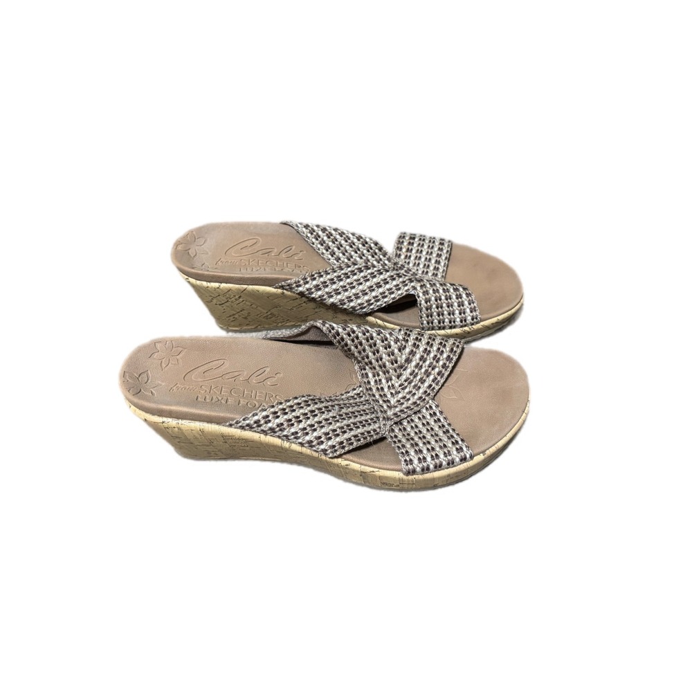 Skechers Cali Wedge Sandals Womens 6.5 Tan Brown Excellent Woven Luxe Foam 38554